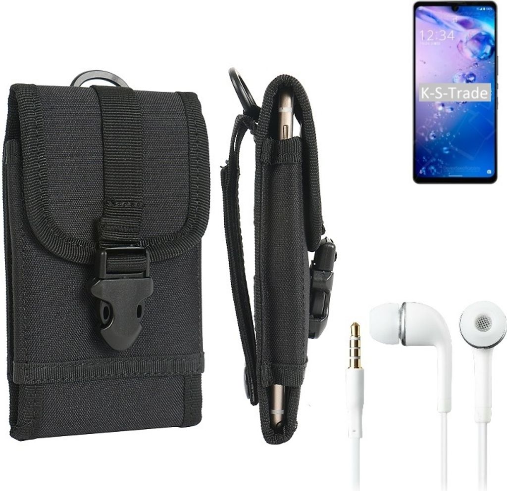 K-S-Trade Holster Schutz Hülle kompatibel mit Sharp Aquos Zero6 Gürteltasche Handy Hülle Tasche outdoor Seitentasche schwarz 1x + Kopfhörer