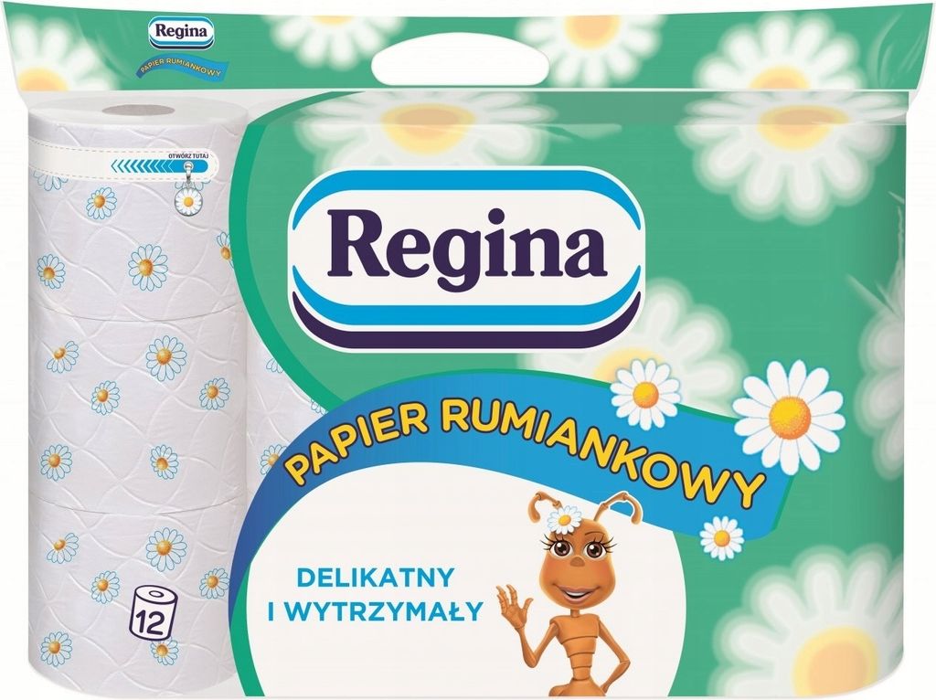 A package of Regina chamomile toilet paper with 12 rolls, featuring a cartoon ant character and chamomile flowers.