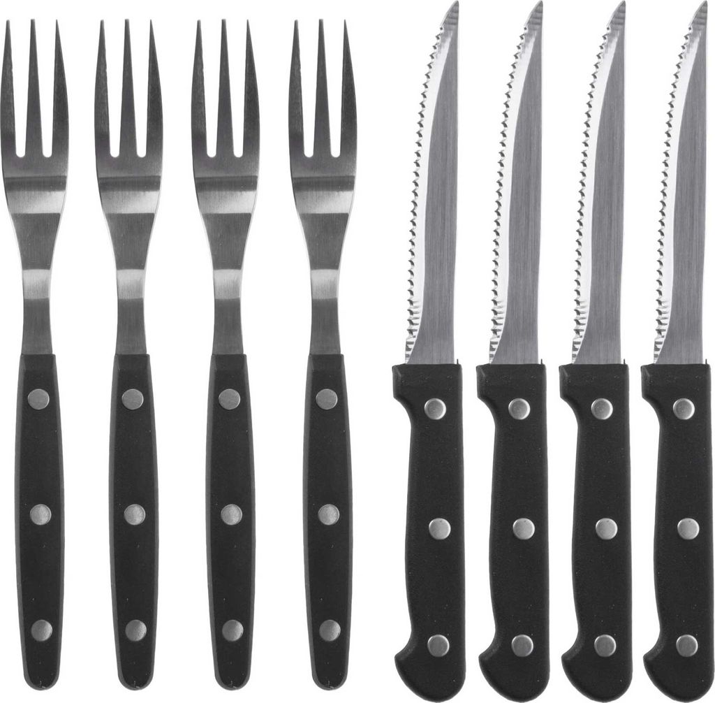 A set of steak knives and forks arranged on a white background.