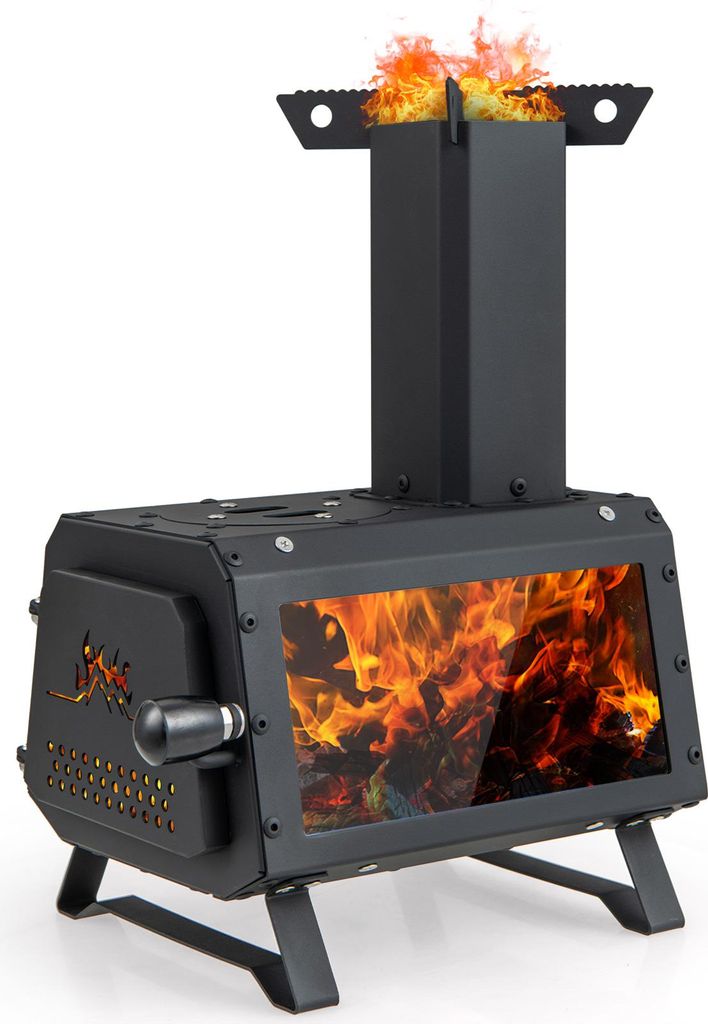 A black portable wood stove with flames visible through a glass window and smoke/flames coming out of the chimney.