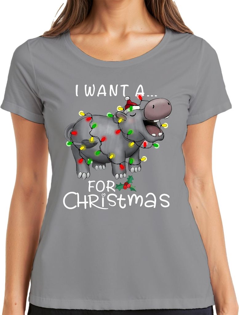 I Want A Hippo For Christmas Nilpferd Weihnachten Geschenk Lustig Damen T-Shirt, Grau, M