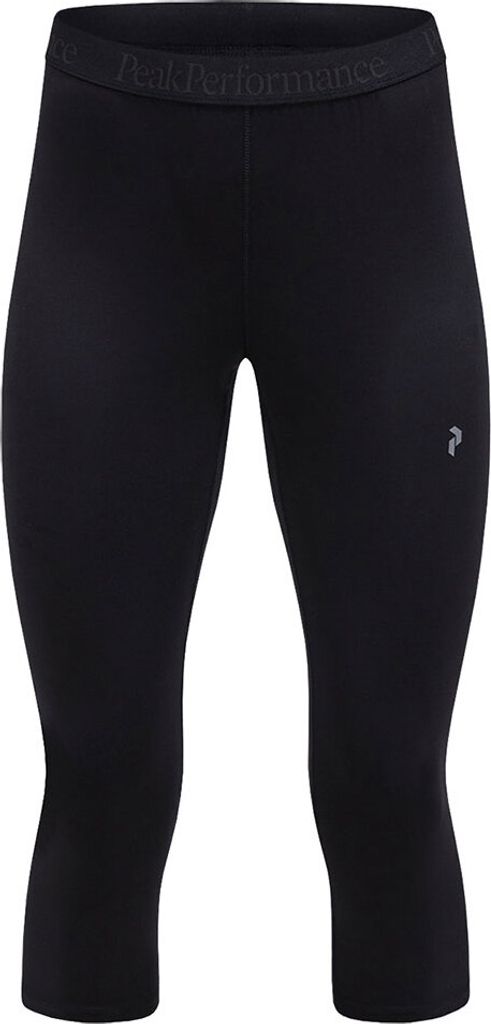 A pair of black capri-length leggings with a branded waistband.