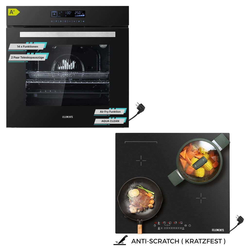 KB ELEMENTS Sparset, Einbauherd Set, Herdset, Kratzfestes Induktionskochfeld 60cm, Einbaubackofen 60cm, 15 x Funktionen, Air Fry Funktion, , DV2/112
