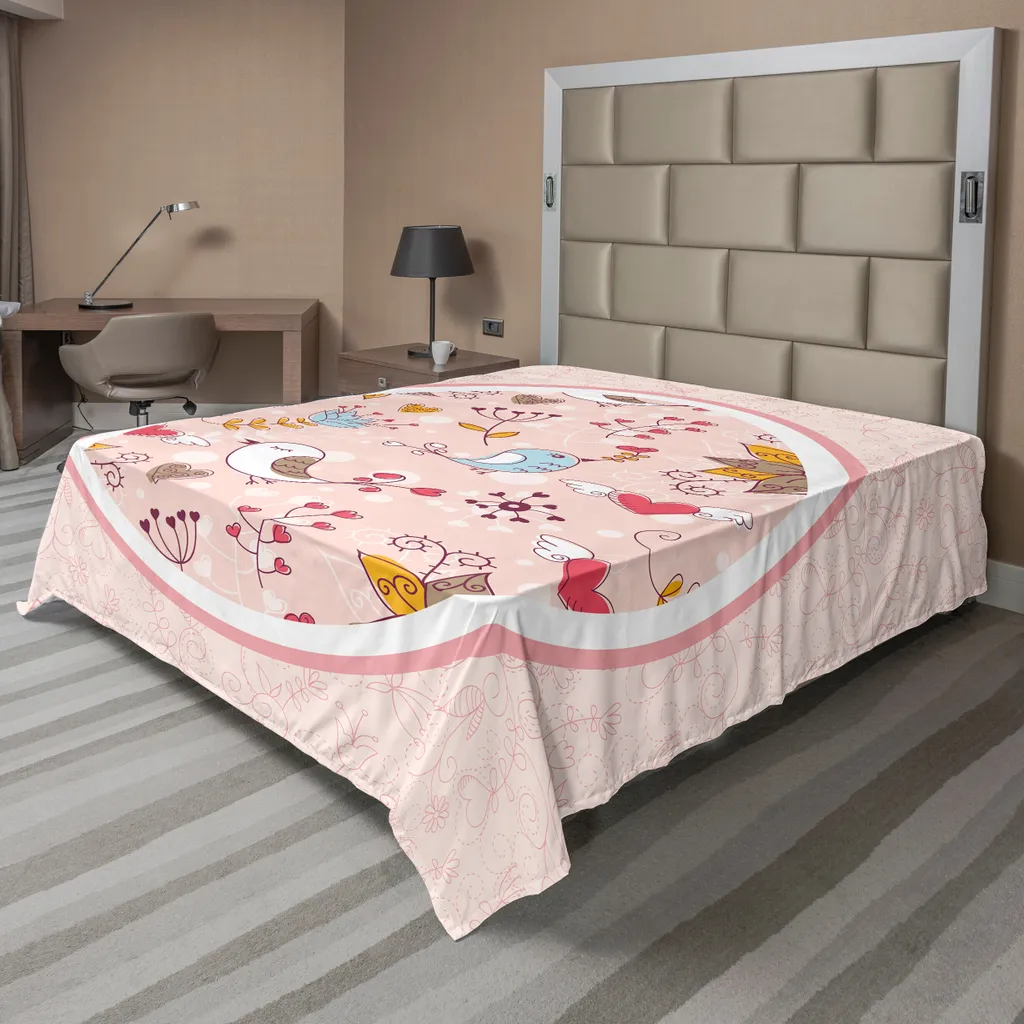 Drap de lit supérieur doux à motifs fleurs et oiseaux rose 260x228 cm