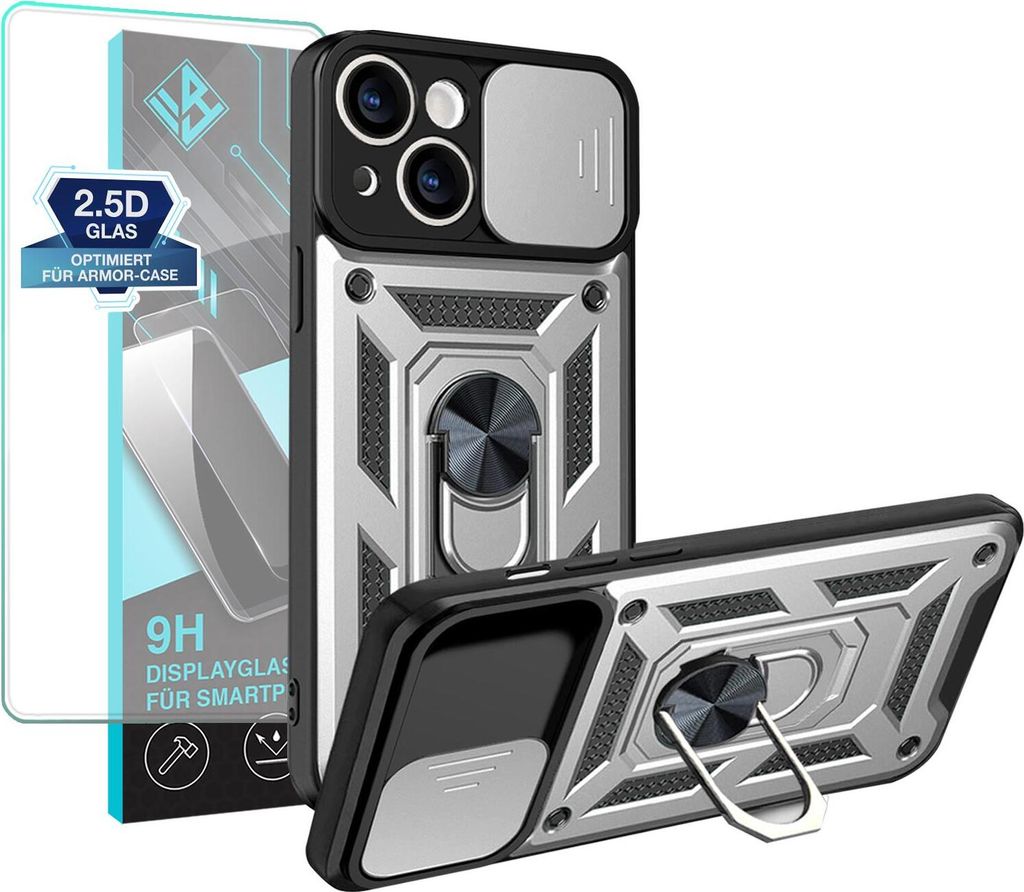 Armor Handyhülle für Apple iPhone 14 mit 9H Displayglas Displayschutz Kameraschutz Handy Panzer Case Cover Schutzhülle Outdoor Farbe: Silber