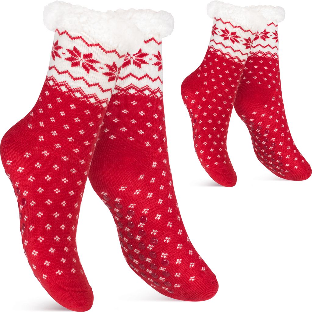 Footstar Damen und Herren Winter Haussocken (2 Paar) Kuschelsocken - Rot 39-42