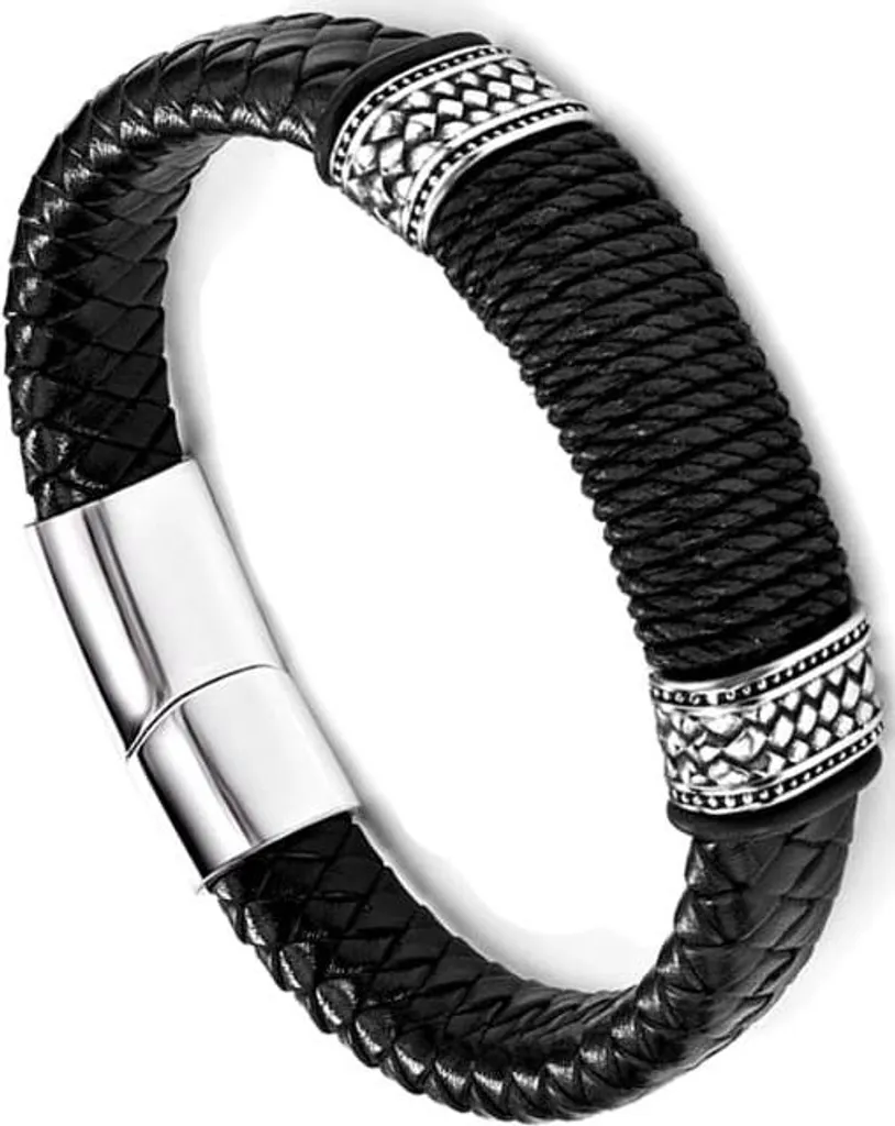 Bracciale da uomo in pelle, nero, con chiusura magnetica in acciaio inossidabile, lunghezza 21,5 cm