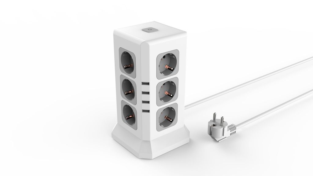 E11 Turm-Steckdosenleiste 12xAC+4xUSB Schnellladung Kindersicherung 3680W Weiß