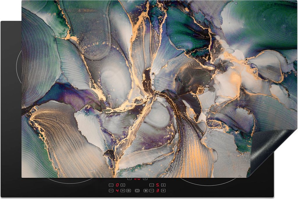 KitchenYeah Herdabdeckplatte Gold - Blau - Marmor , 80x52cm, Küche Deko, Glaskeramikfeld Herdabdeckung, Abdeckplatte fùr Kochfeld