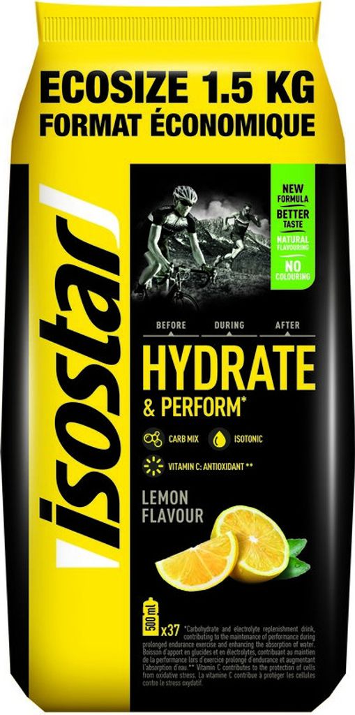 A pouch of Isostar Hydrate & Perform lemon-flavored electrolyte drink mix, featuring cyclists in the background and lemons in the foreground.