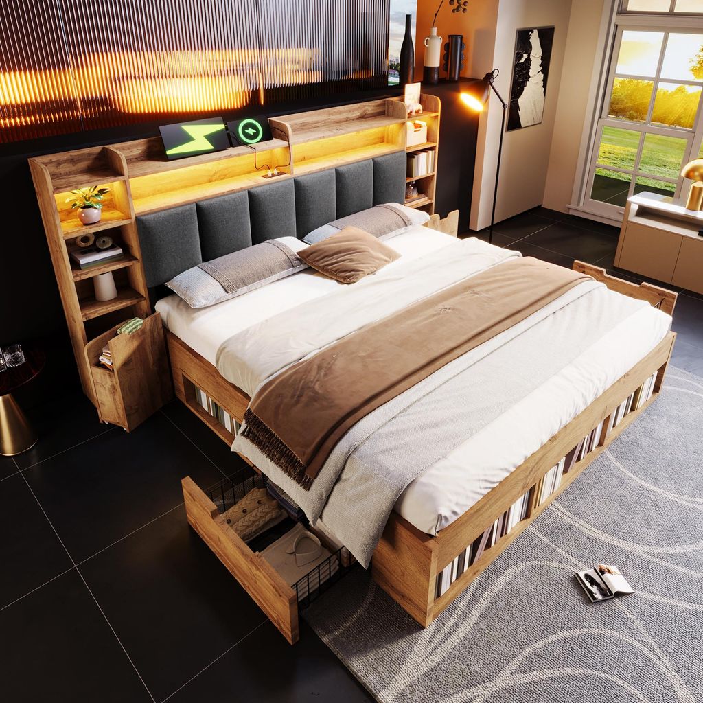 Abrihome Doppelbett Massivholzbett 160x200 cm Klassisches Bett mit LED-Beleuchtung und USB, Jugendbett mit Stauraum und Lattenrost (Ohne Matratze)