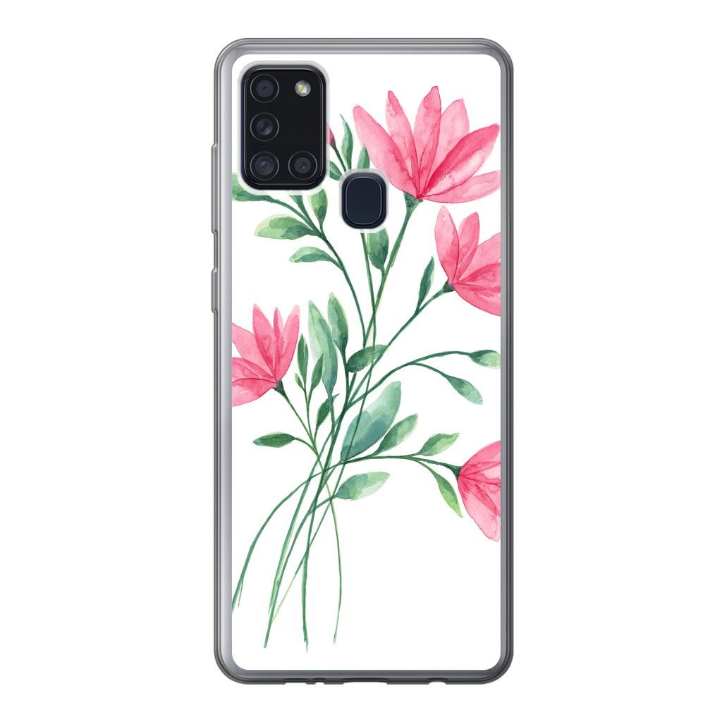 MuchoWow Handyhülle Schutzhülle Hülle für Samsung Galaxy A21s Blumen - Aquarell - Rosa Silikon Softcase Handy Hülle - Hartschale
