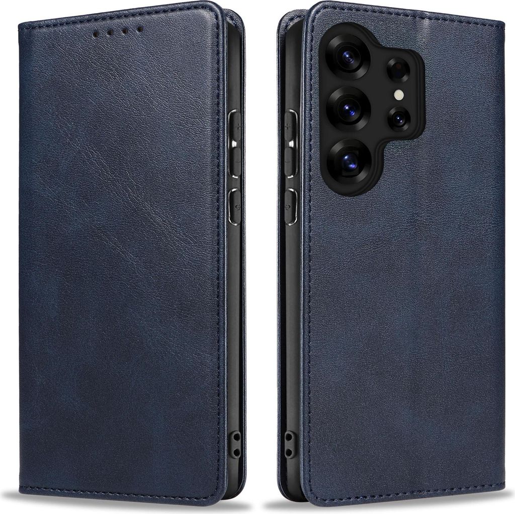 A blue leather flip case for a Samsung Galaxy S25 Ultra phone, shown from two angles.