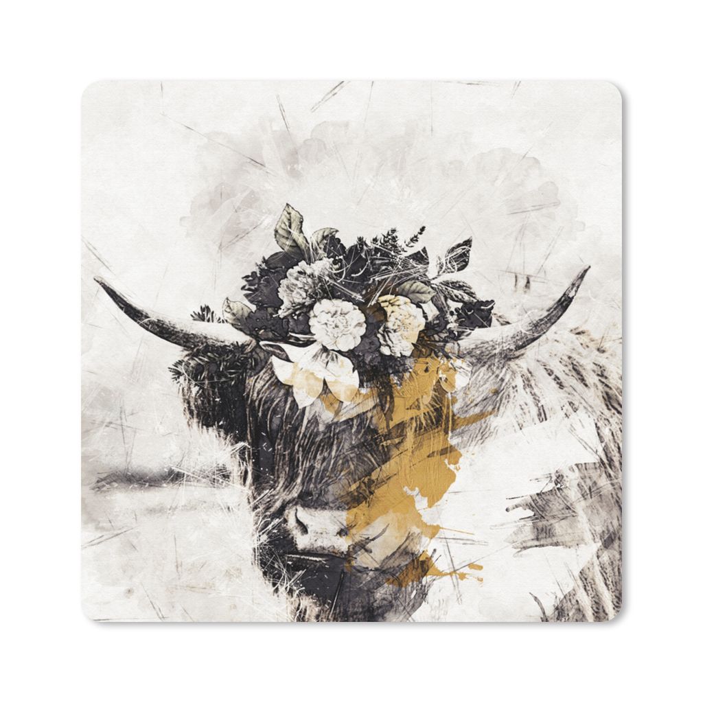 MuchoWow Mauspad Mousepad Schottischer Highlander - Blumen 20x20 cm - Mousepads - Maus Mat - Pad - Mausunterlage - Desk Mat - Bureauartikeln