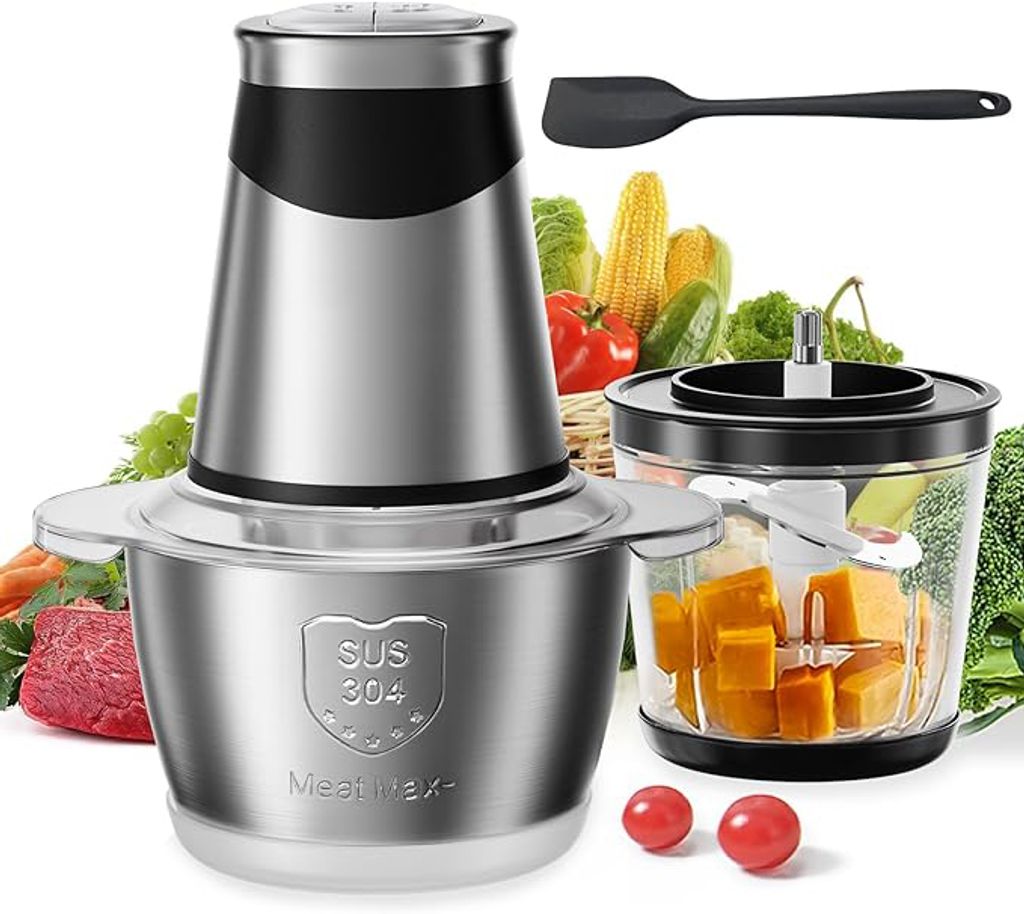 A food processor with various ingredients and accessories, presented in a marketing-style arrangement.