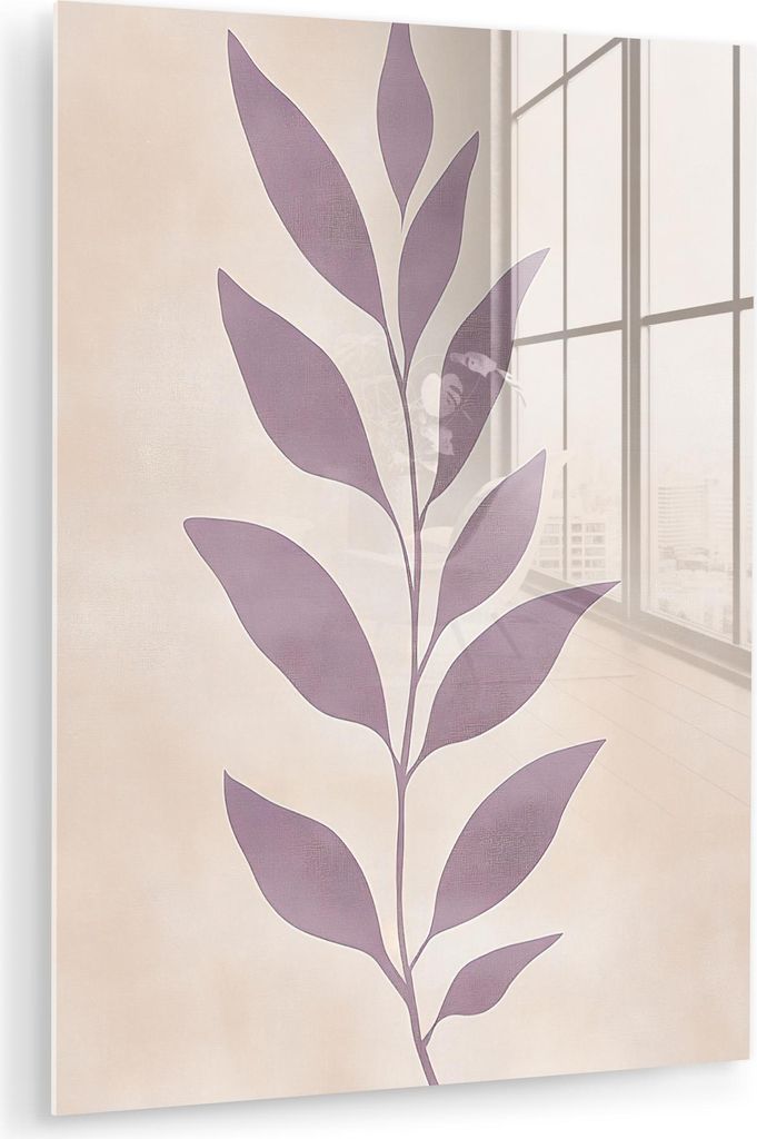 MuchoWow Glasbilder - Bilder auf Wandbild - Foto auf Glas Zweig - Blätter - Minimalistisch - Beige 60x80 cm Wanddekoration aus Glas - Acrylglasbil...