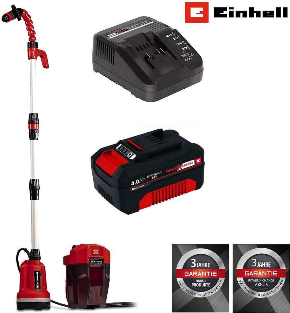 Einhell Akku Regenfasspumpe GE-PP 18 RB Li 18V ( mit Akku 4.0 Ah / Ladegerät ) Power X-Change (18 V, Förderdruck max. 2 bar, max. 3.000 L/h, flex...