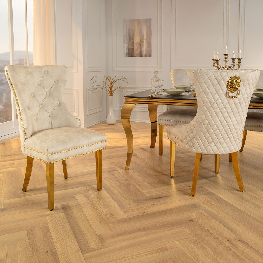 riess-ambiente Barock Stuhl CASTLE DELUXE beige Samt gold Edelstahl mit Löwenkopf Ziernieten