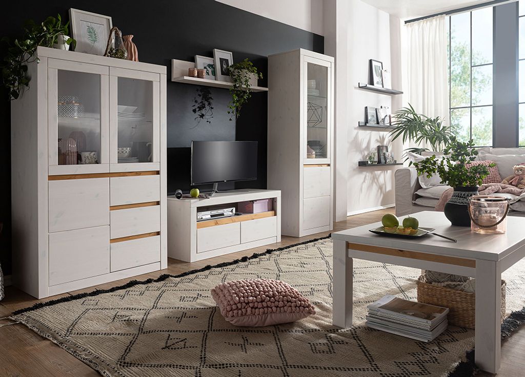 Wohnmöbel Komplett Set Massivholz mit Couchtisch 110x70 cm WILSON-69 in Kiefer massiv weiß