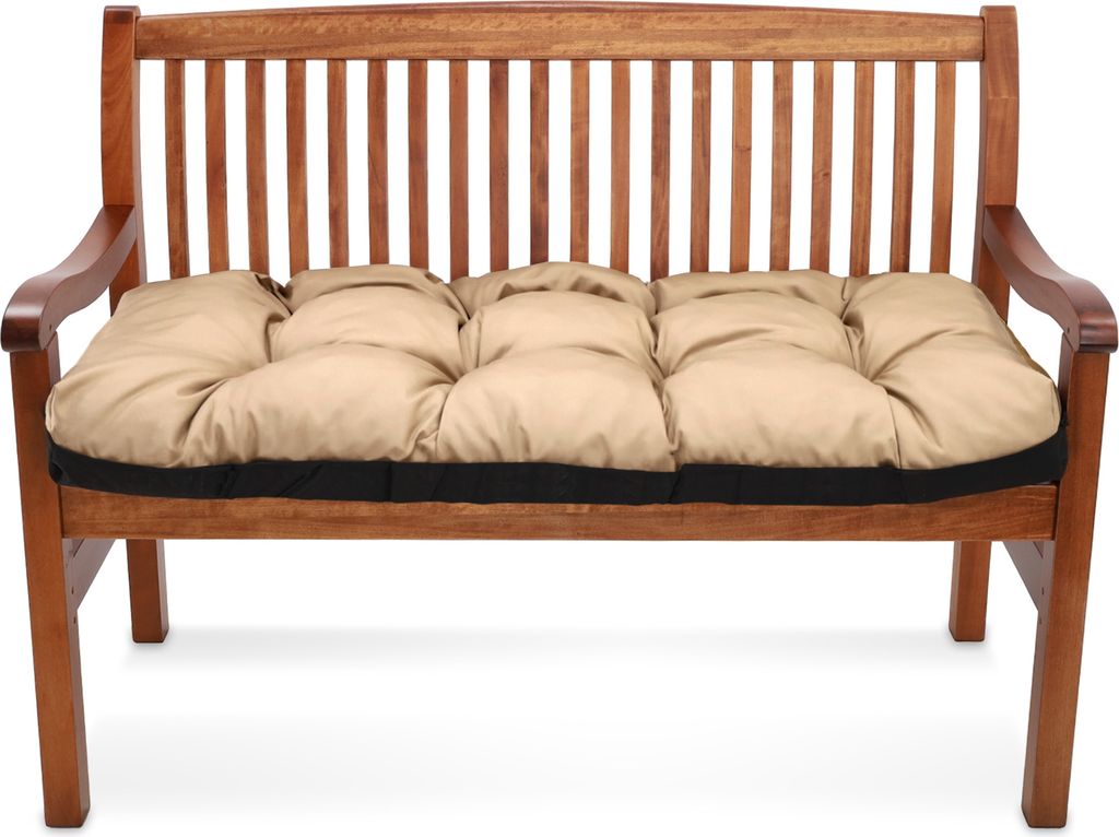 A close-up, front-facing view of a wooden bench with a beige cushion.
