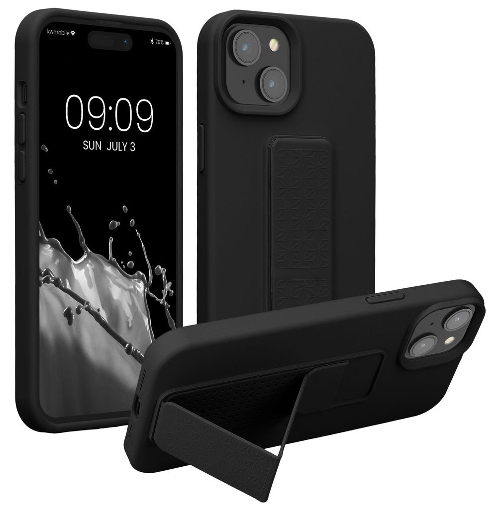 kwmobile Handyhülle für Apple iPhone 15 Plus Hülle - TPU Silikon Case mit Fingerhalter und Stand - Schutzhülle Cover in Schwarz