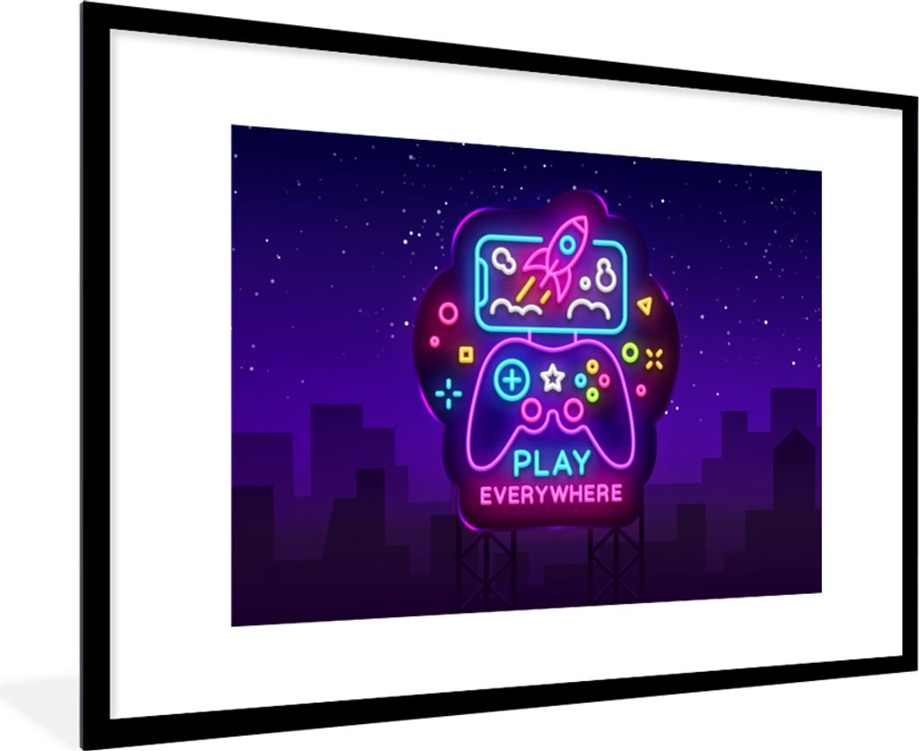 MuchoWow Gerahmtes Poster Gaming - Neon - Spielen - Blau - Nacht - Controller 90x60 cm - Poster mit Schwarzem Bilderrahmen Wandposter Rahmen Foto...