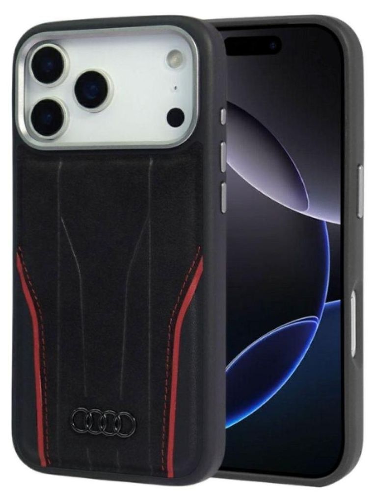 A black and red Audi R8 phone case for an iPhone 14 Pro Max, shown from the back with the phone partially visible.