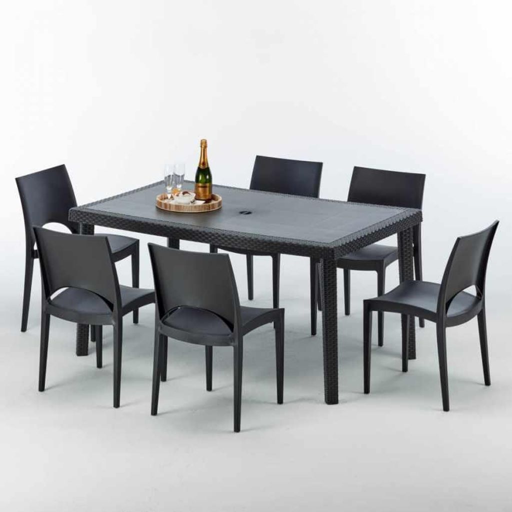 Poly Rattan Tisch Rechteckig mit 6 Bunten Polyrattan Stühlen 150x90 Schwarz