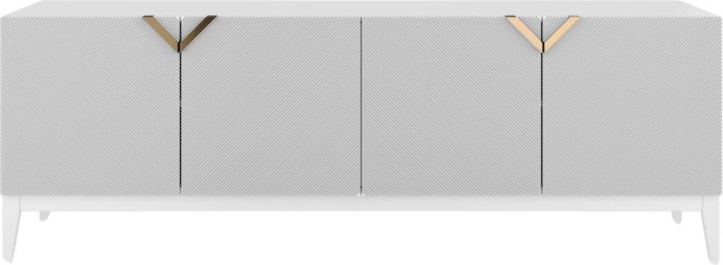 Demi Kommode Mit Gefrästen Fronten / Massive Buche / TV-Lowboard Mit 4 Türen / TV-Schrank Mit Dekorativen Fronten Und Goldgriffen / 200 Cm / Wei...