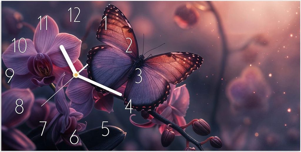 Wanduhr aus Glas mit Motiv Schmetterling Blüte- 60 x 30 cm - inkl. Aufhängesystem