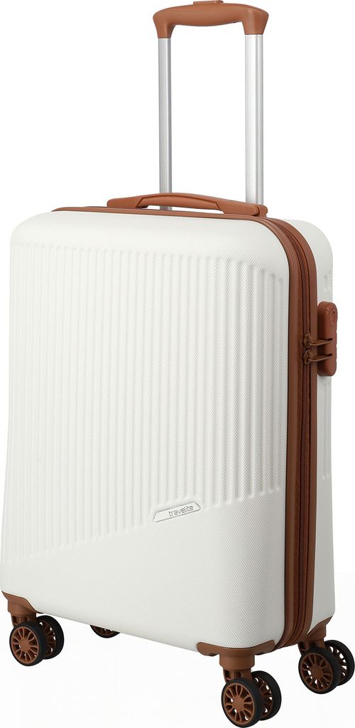 A white and brown Travelite trolley is shown against a white background.