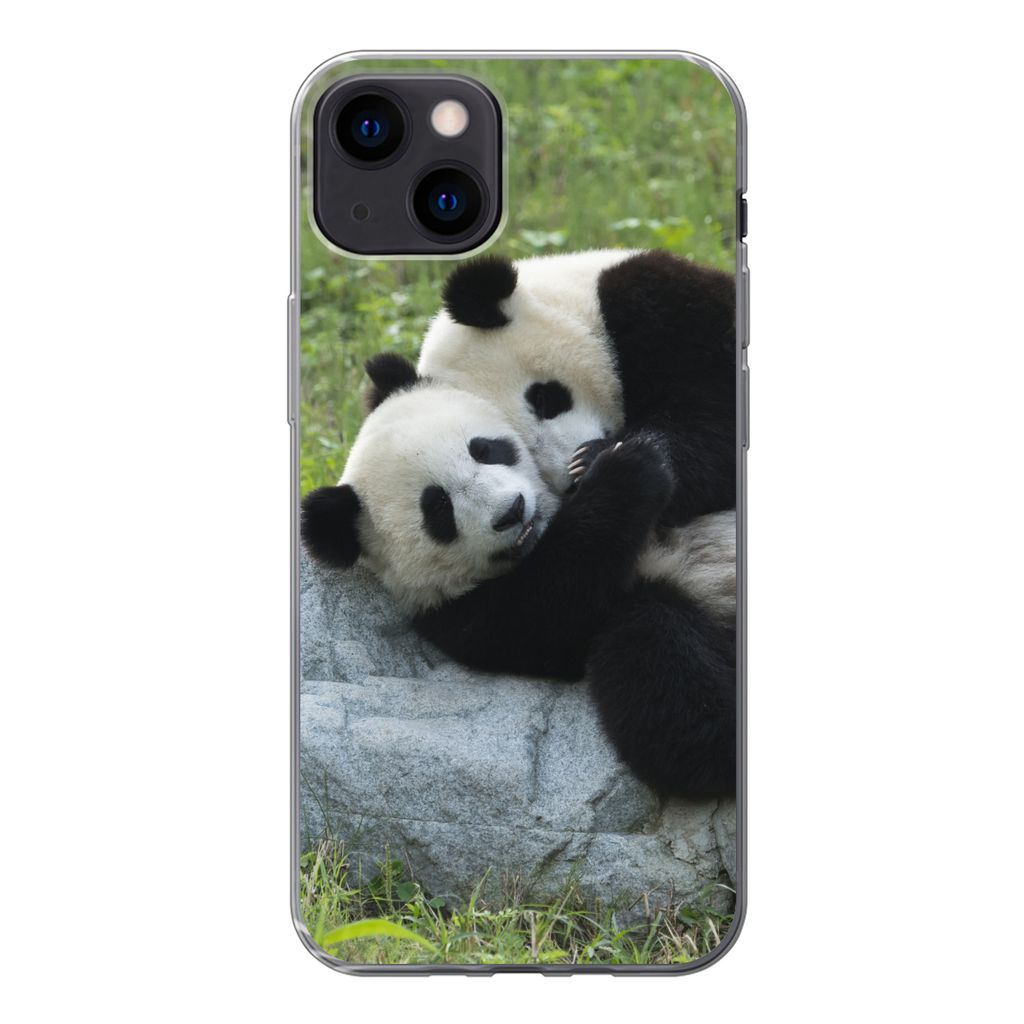 MuchoWow Handyhülle Schutzhülle Hülle für iPhone 13 Pandas - Gras - Stein Silikon Softcase Handy Hülle - Karteninhaber