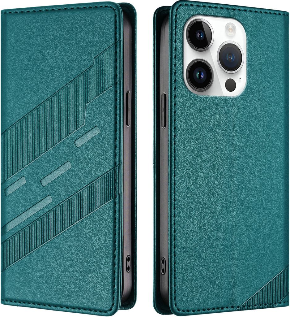 Hülle für iPhone 15 Pro, Kunstleder Brieftaschen Handyhülle mit Kartenfach und Standfunktion Grün