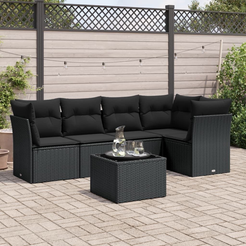 CLORIS 6-tlg. Garten-Sofagarnitur - mit Kissen - Schwarz Poly Rattan - Gartenmöbelgarnituren LL0000257713