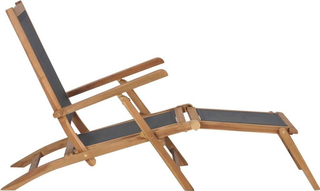 A wooden deck chair with a black fabric seat and back, shown in a reclined position.