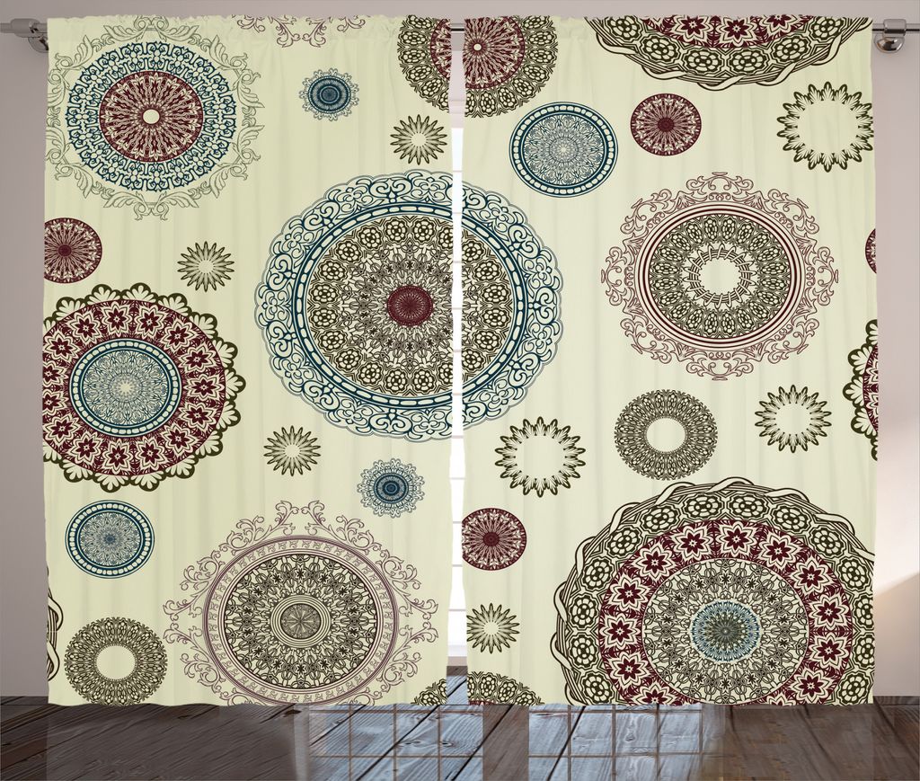ABAKUHAUS Bunt Rustikaler Vorhang, Orientalische runde Motive, Wohnzimmer Universalband Gardinen mit Schlaufen und Haken, 280 x 225 cm, Mehrfarbig