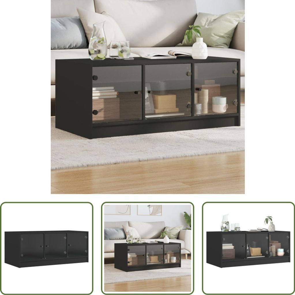 The Living Store Couchtisch mit Glastüren Schwarz 102x50x42 cm