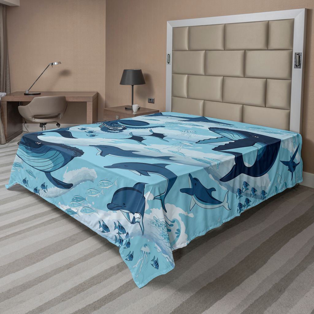 ABAKUHAUS Hai Bettlaken, Bewohner von Meereshaien Wale Delphine Octopus Jellyfish Seestern mit Wellen Bild, weiches bequemes oberes Bettlaken für ...