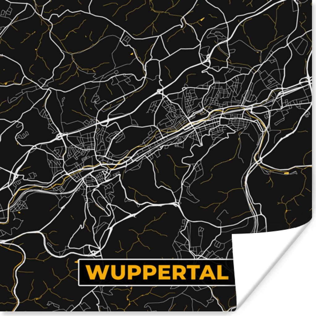 MuchoWow Poster Wuppertal - Gold - Karte - Stadtplan - Deutschland 75x75 cm - Wand Dekoration