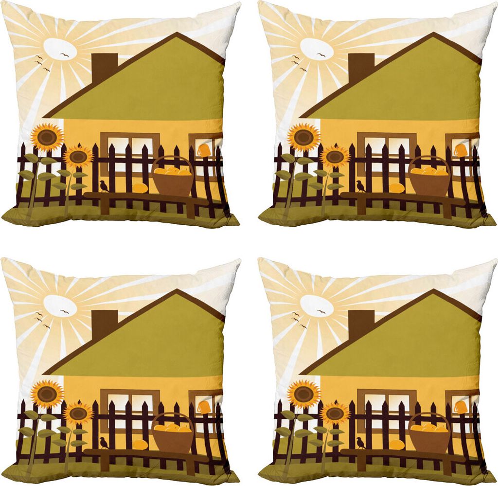 ABAKUHAUS Zaun Kissenbezug Set (4 Stück), Cartoon Haus mit Garten, Moderner Doppelseitiger Digitaldruck, 50 cm x 50 cm, Senf Schokolade Grün