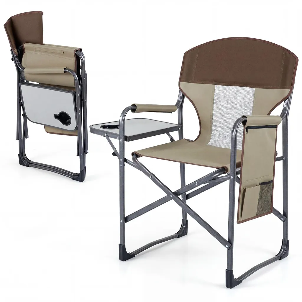 Siège de camping portable marron avec tablette pour pique-nique et pêche