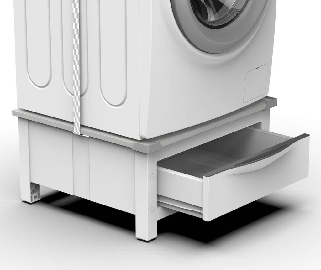 A close-up view of a white washing machine stand with an open drawer.