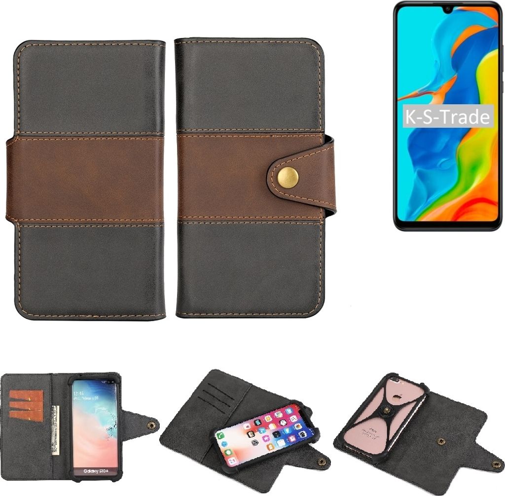 K-S-Trade Handyhülle Schutzhülle Hülle Bookstyle Wallet-Case kompatibel mit Huawei P30 lite New Edition Bumper Rundumschutz schwarz-braun 1x
