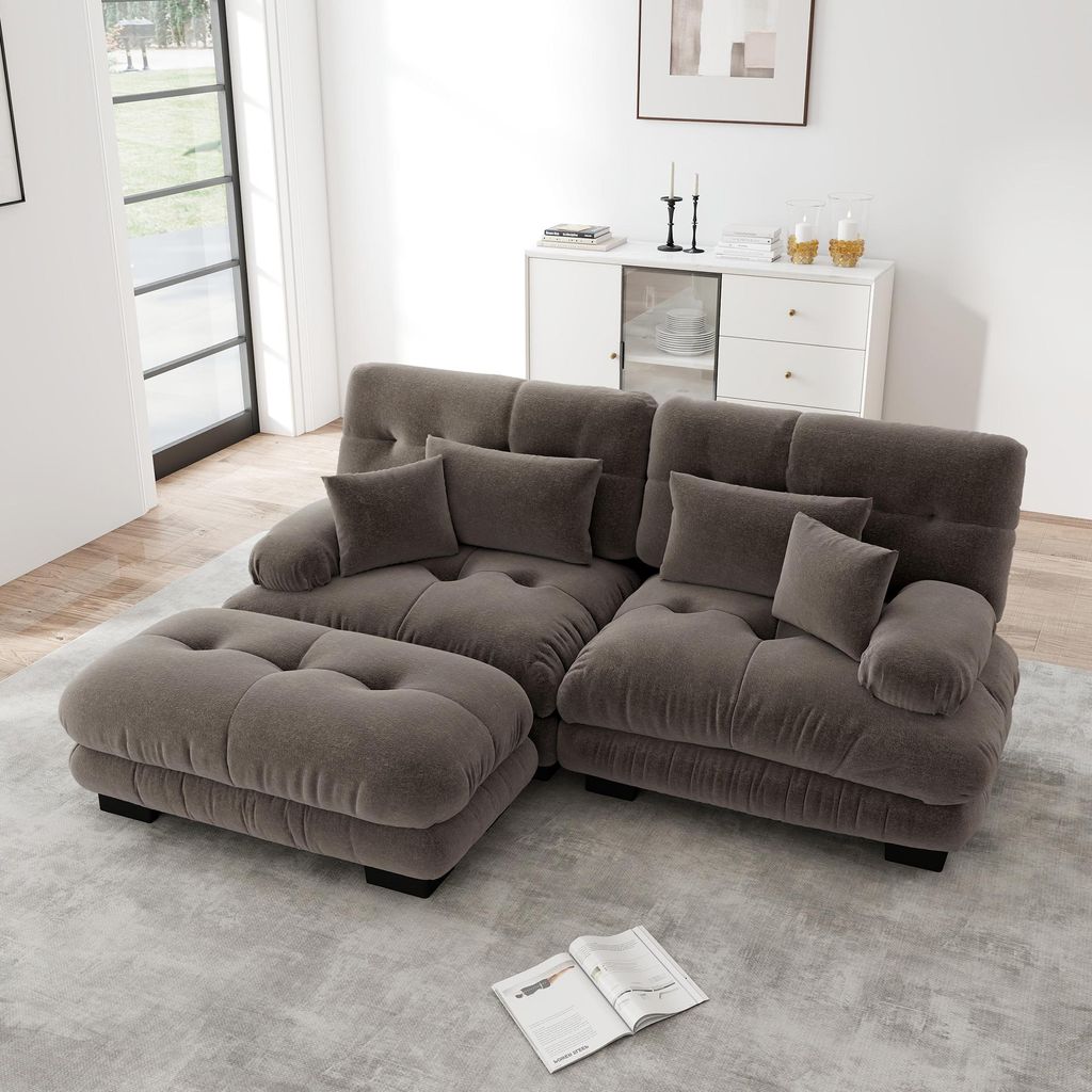 STILVORA Cloud Ecksofa mit breiten Armlehnen und Ottoman, Doppelsofa mit 2 Lendenkissen Loungesofa mit 2 Dekokissen, Polstersofa für Wohnzimmer, C...