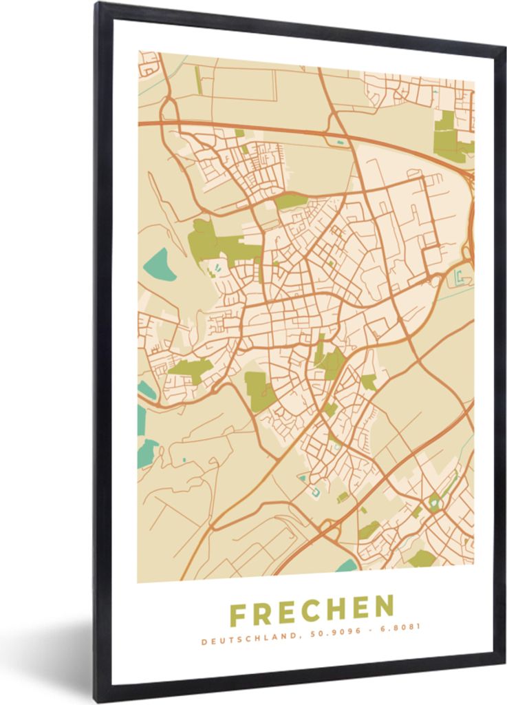 MuchoWow Gerahmtes Poster Frechen - Karte - Jahrgang - Stadtplan - Wegbeschreibung 40x60 cm - Poster mit Schwarzem Bilderrahmen Wandposter Rahmen...
