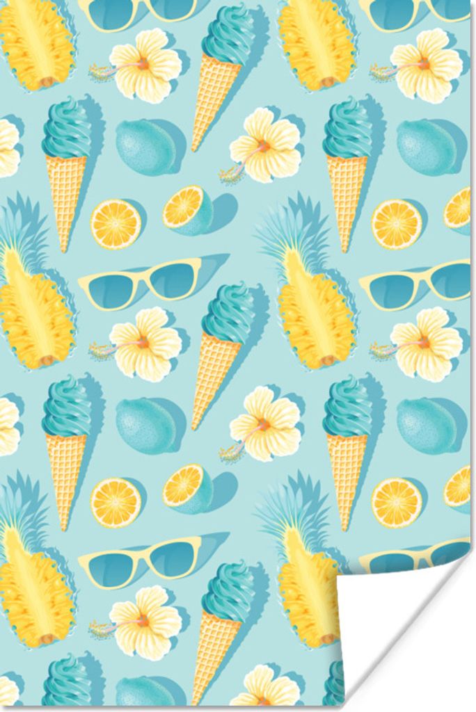 MuchoWow Poster Obst - Blumen - Sonnenbrille - Sommer 80x120 cm - Papierdruck