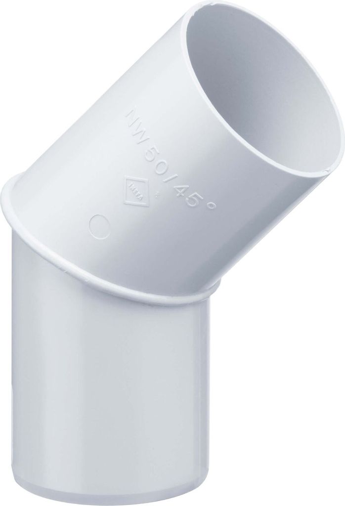 A white PVC pipe fitting, specifically a 45-degree elbow, is shown against a white background.