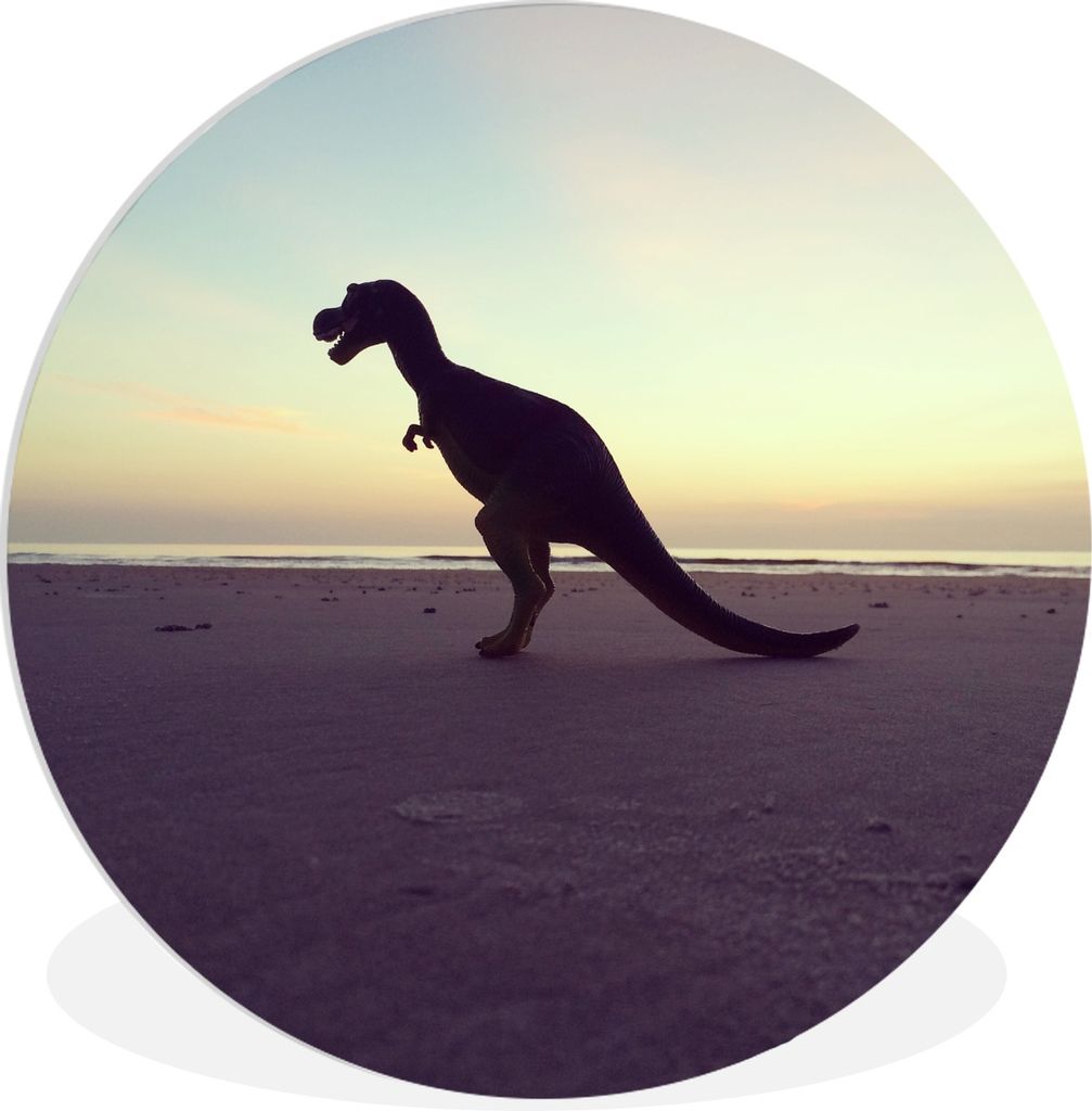 MuchoWow Rundes Wandbild - Runde Bilder Silhouette - Dinosaurier - Strand Ø 30 cm Kreis Wanddekoration Kunststoff - Wandkreis - Wandschmuck - Sc...