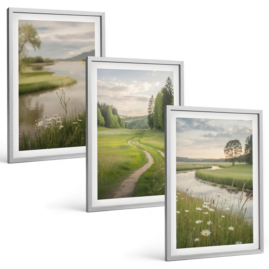 Bilder Set 3-teilig im silbergerahmten Rahmen – Wandbilder 3 Stück – gerahmte Poster für Wohnzimmer, Schlafzimmer und Flur – 40x60 cm – S...