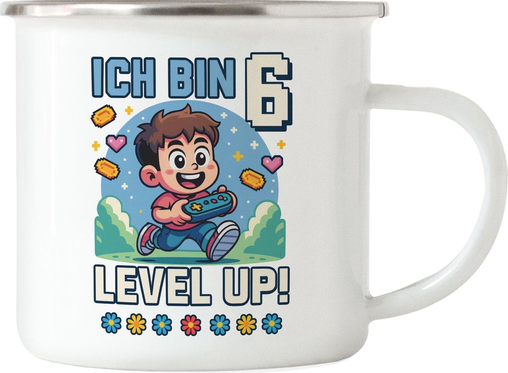 Ich bin 6 Level Up Emaille Tasse Geschenkidee Kindergeburtstag Gamer Junge Mädchen 6 Jahre